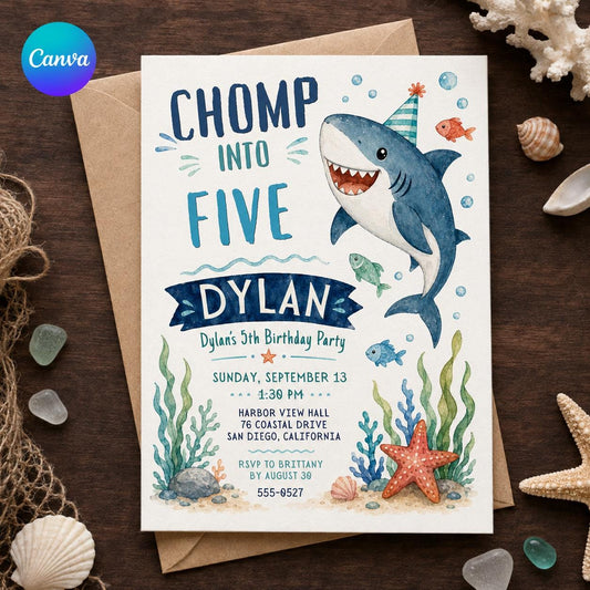Shark 5th Birthday Invitation, Chomp Into Five Ocean Party Invite, Under the Sea Kids Birthday, Editable Canva Template