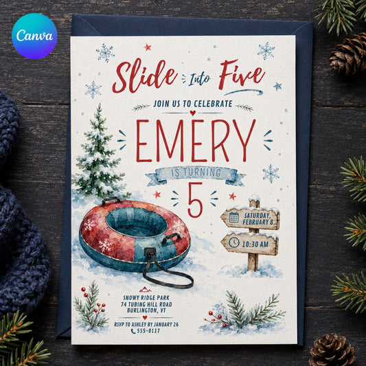Snow Tubing 5th Birthday Invitation, Slide Into Five Winter Party Invite, Editable Snow Tube Birthday Canva Template