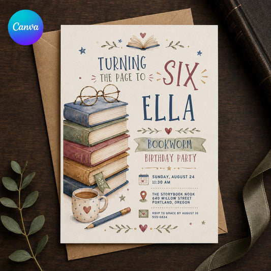 Bookworm 6th Birthday Invitation, Turning the Page to Six Party Invite, Library Birthday Editable Canva Template