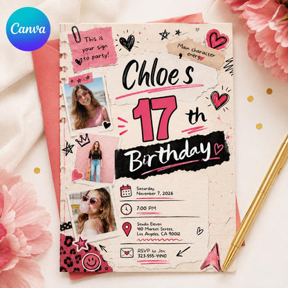 Pink 17th Birthday Photo Invitation for Girls — invitation you personalize in Canva
