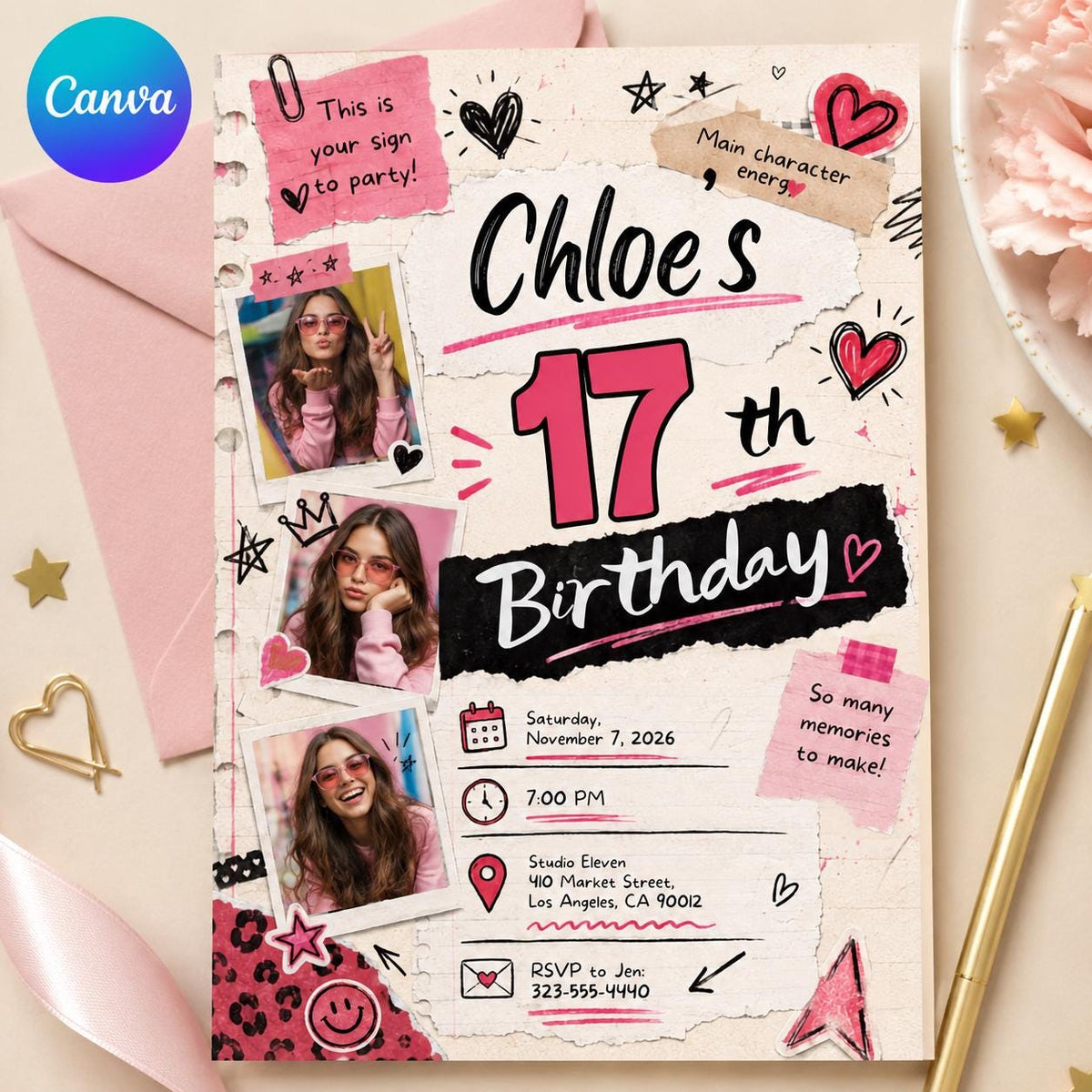 Pink 17th Birthday Photo Invitation for Girls — editable Canva template