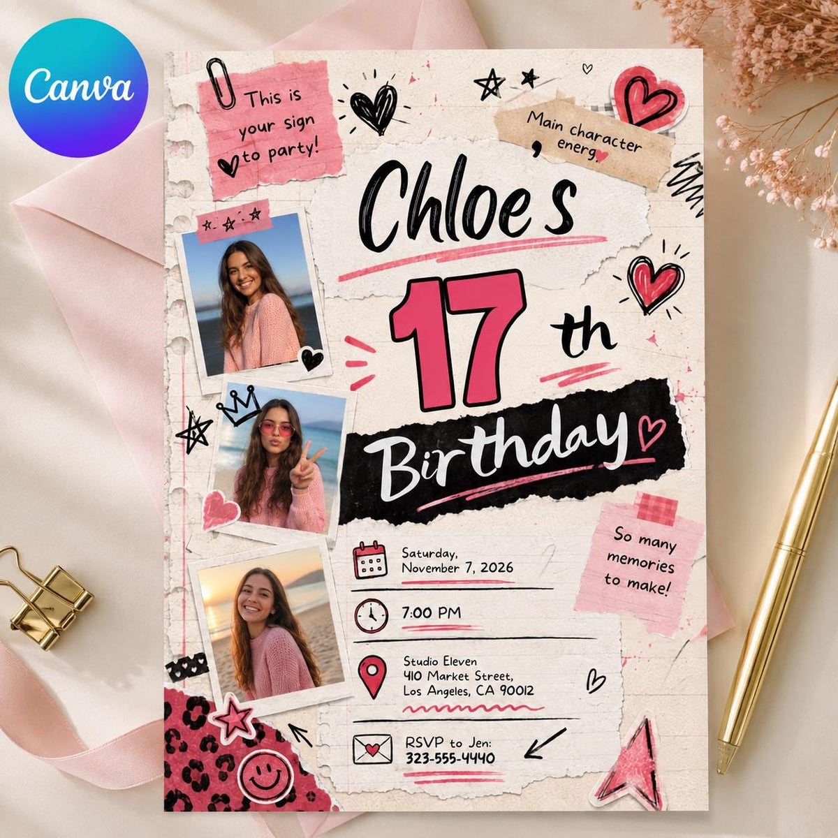 Pink 17th Birthday Photo Invitation for Girls — print-ready 17th birthday party design from VoltBy
