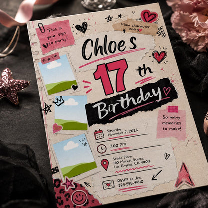 Pink 17th Birthday Photo Invitation for Girls — digital invitation, instant download