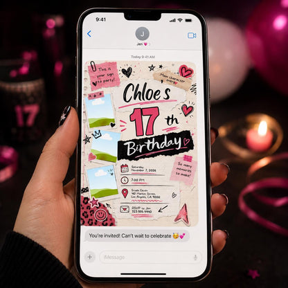 Pink 17th Birthday Photo Invitation for Girls — design view 3