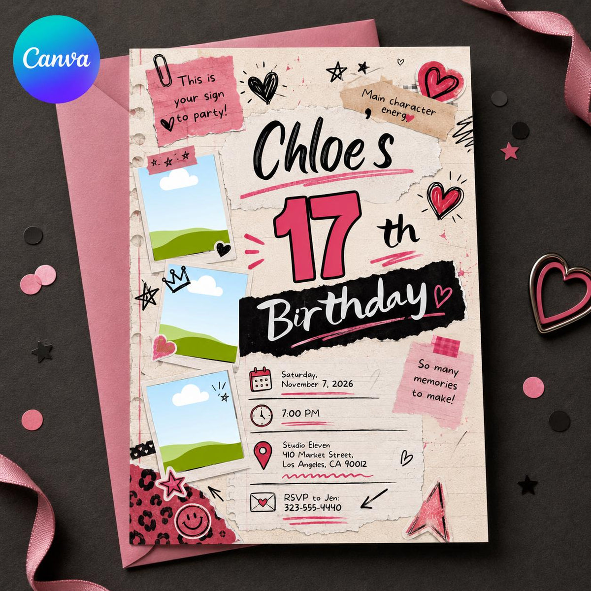 Pink 17th Birthday Photo Invitation for Girls — design view 4