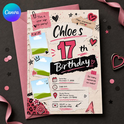 Pink 17th Birthday Photo Invitation for Girls — design view 4