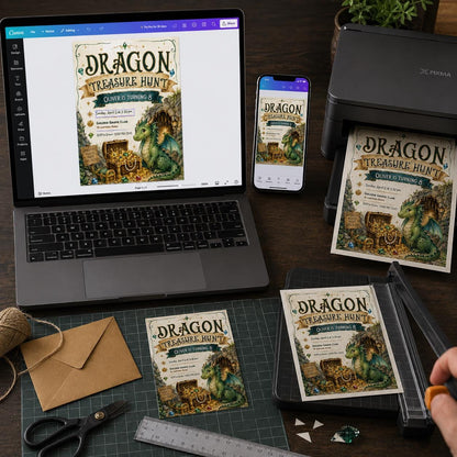 Dragon Treasure Hunt Birthday Invitation, 8th Birthday Adventure Party Invite, Editable Kids Fantasy Canva Template