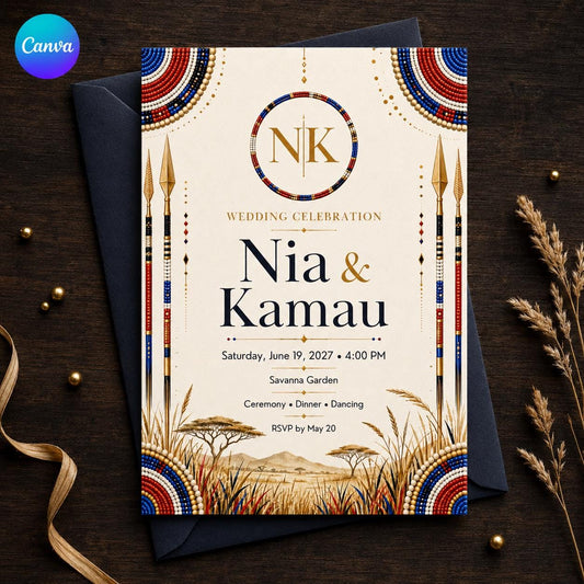 Gold African Wedding Invitation — editable Canva template