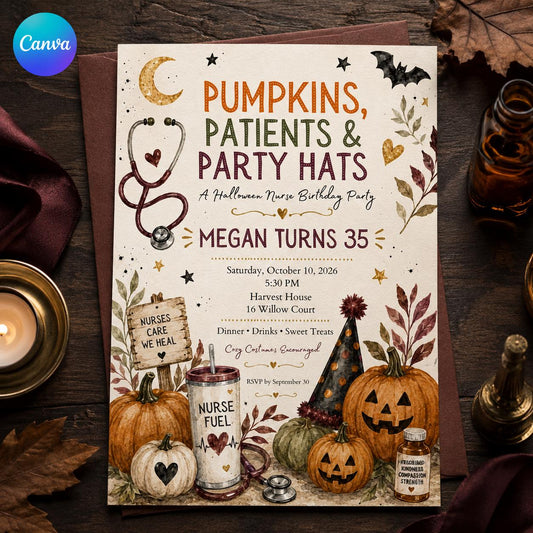 Halloween Nurse 35th Birthday Invitation — editable Canva template
