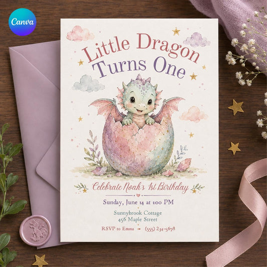 Little Dragon First Birthday Invitation, Baby Dragon 1st Birthday Invite, Pastel Watercolor Birthday Party Canva Template