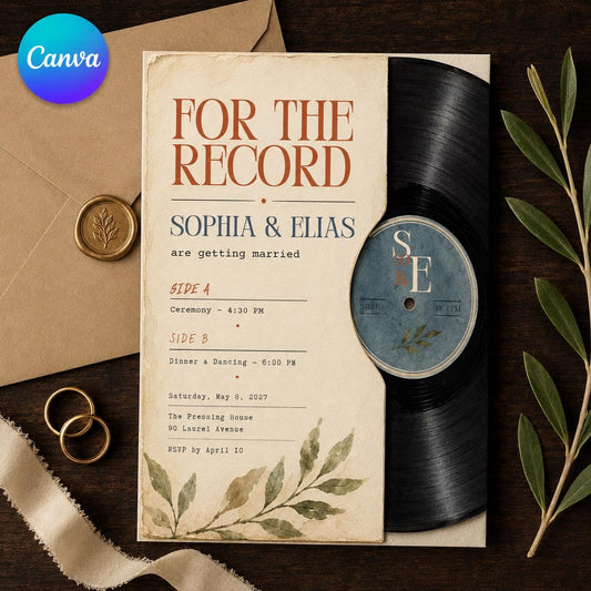 Vintage Vinyl Record Wedding Invitation — editable Canva template