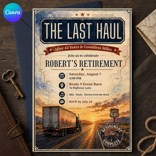 Truck Driver Retirement Invitation, The Last Haul Retirement Party Invite, Semi Truck Farewell Editable Canva Template