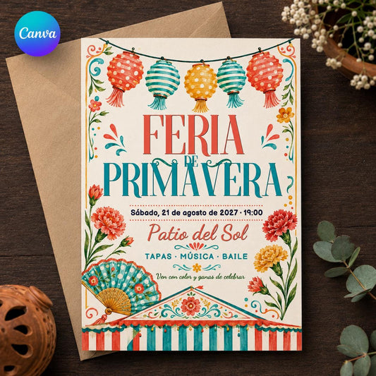 Floral Spanish Spring Fair Invitation — editable Canva template