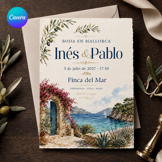 Watercolor Mallorca Wedding Invitation — editable Canva template