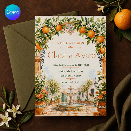 Orange Spanish Wedding Invitation — editable Canva template