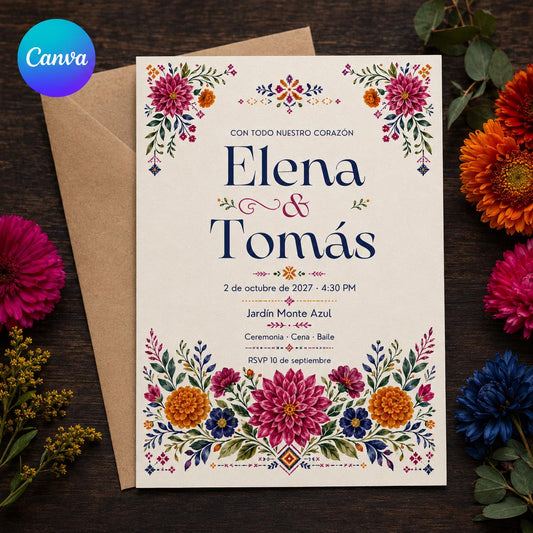 Spanish Mexican Floral Wedding Invitation, Colorful Folk Art Editable Invite, Fiesta Wedding Canva Template