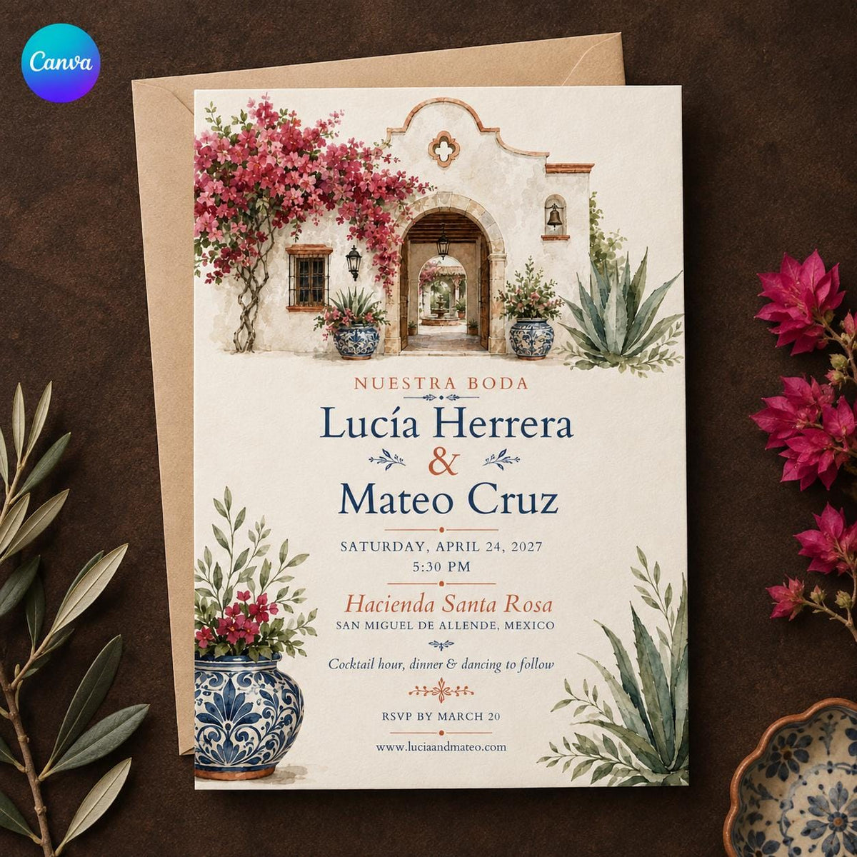 Watercolor Rustic Hacienda Wedding Invitation — editable Canva template