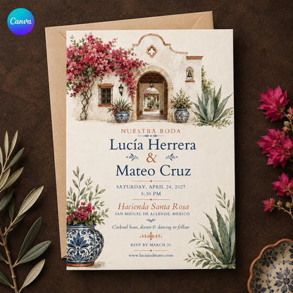 Watercolor Rustic Hacienda Wedding Invitation — editable Canva template