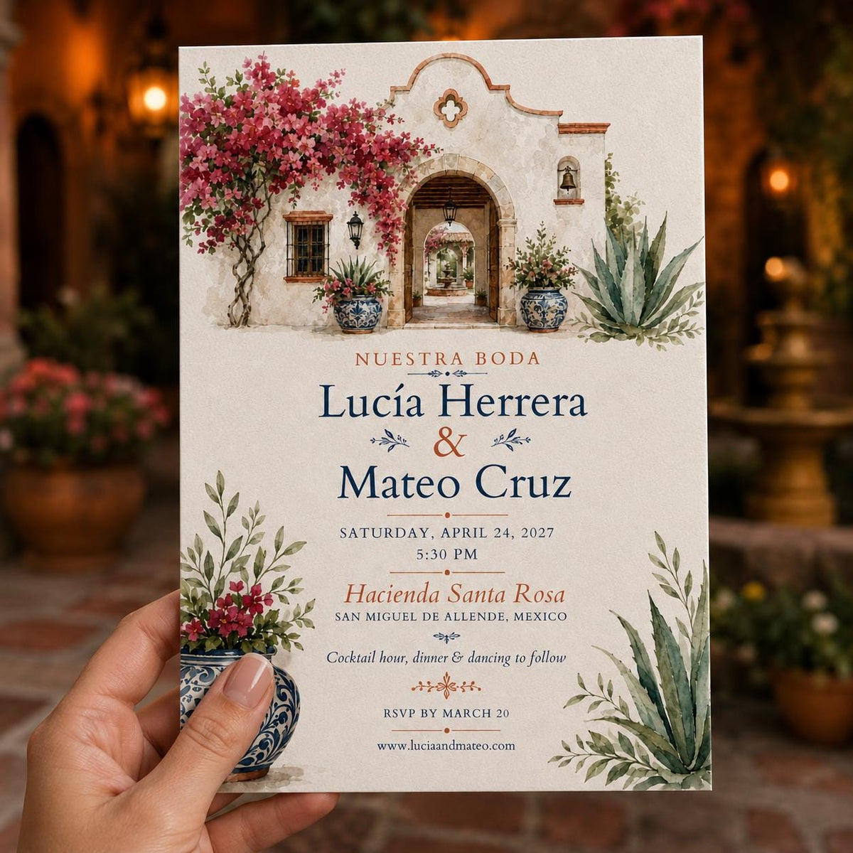 Watercolor Rustic Hacienda Wedding Invitation — invitation you personalize in Canva