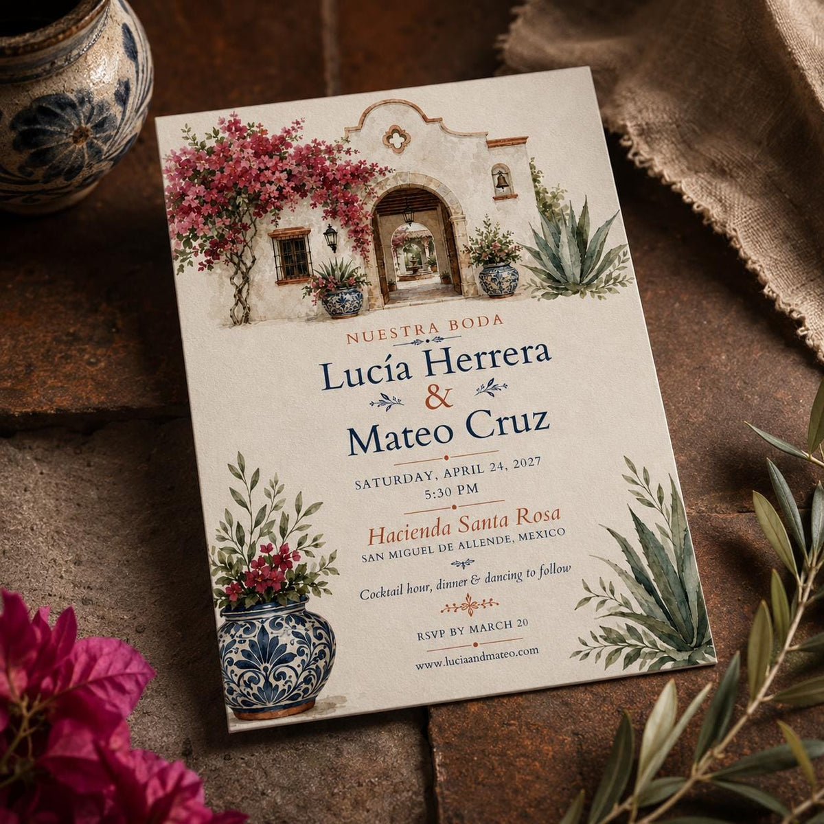 Watercolor Rustic Hacienda Wedding Invitation — print-ready wedding design from VoltBy