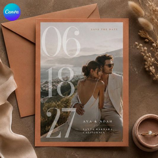 Terracotta Wedding Photo Save the Date — editable Canva template