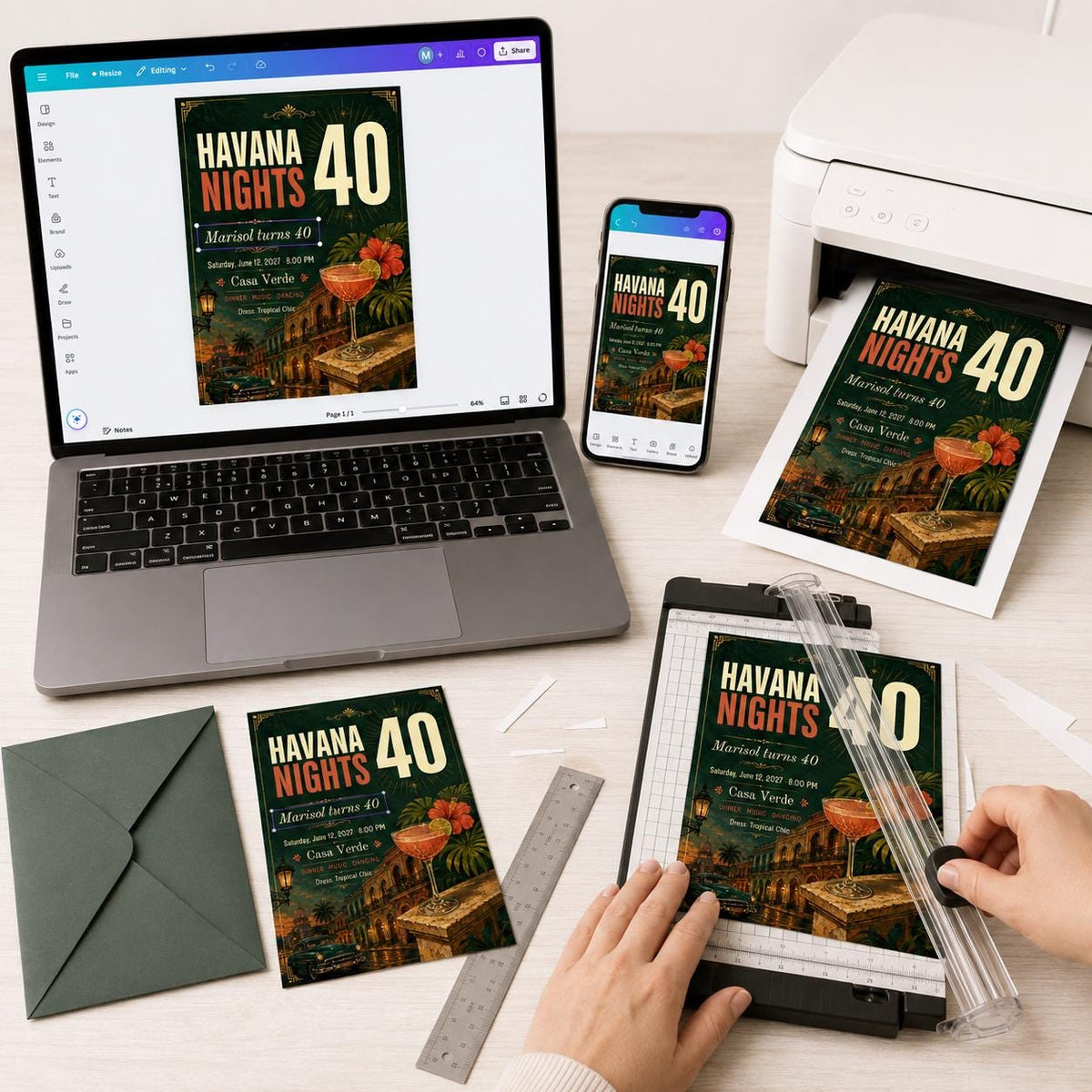 Havana Nights 40th Birthday Invitation, Tropical Cuban Party Invite, Adult Cocktail Birthday, Editable Canva Template
