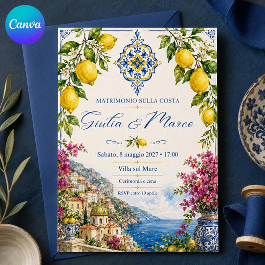Amalfi Coast Wedding Invitation, Italian Lemon Destination Wedding Invite, Mediterranean Editable Canva Template