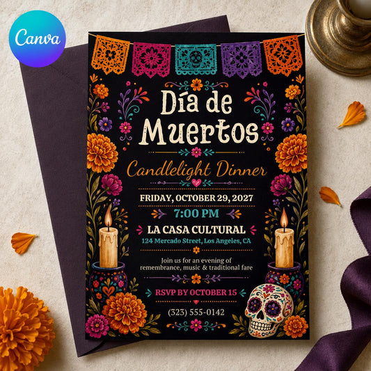 Day of the Dead Invitation Editable, Día de Muertos Candlelight Dinner, Marigold Sugar Skull Fiesta Canva Template