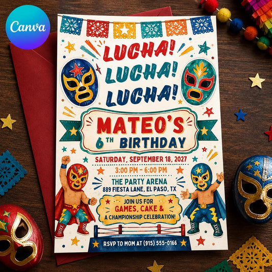 Lucha Libre Birthday Invitation, Mexican Wrestling 6th Birthday Invite, Luchador Fiesta Party, Editable Canva Template