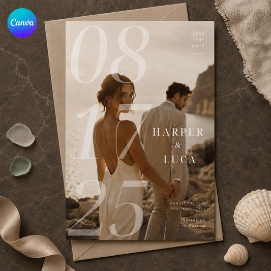 Positano Wedding Photo Save the Date — editable Canva template