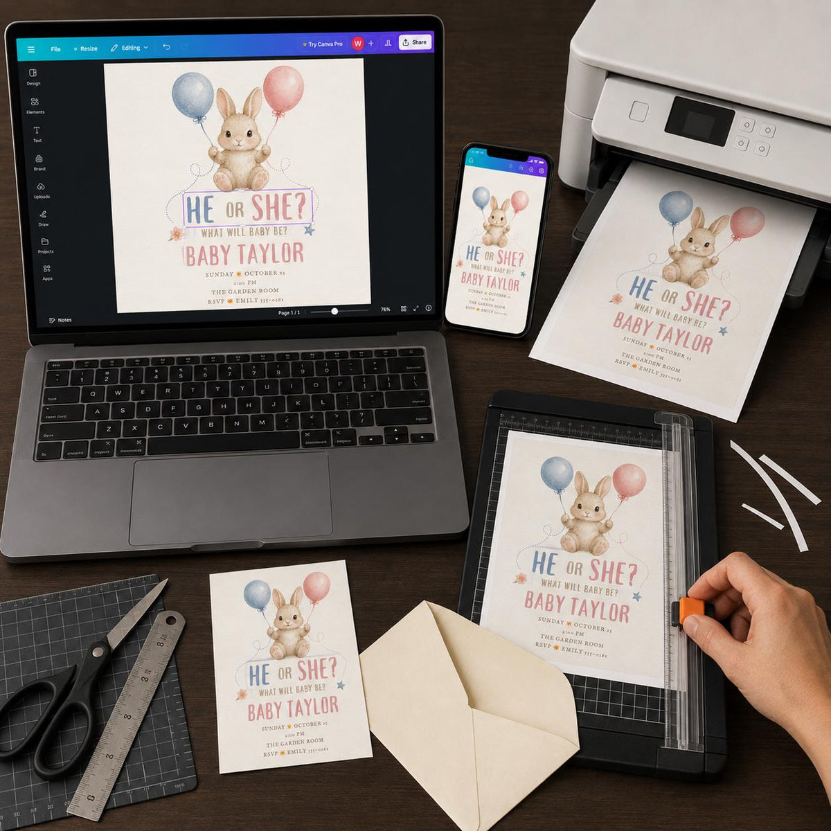 Gender Reveal Invitation, He or She Baby Shower Invite, Bunny Balloon Theme, Editable Gender Reveal Canva Template