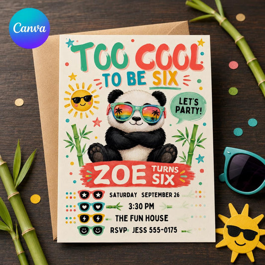 Panda 6th Birthday Invitation, Too Cool to Be Six Party Invite, Tropical Sunglasses Kids Birthday, Editable Canva Template