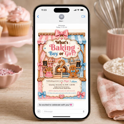 Gingerbread Gender Reveal Invitation, What's Baking Boy or Girl Christmas Reveal, Pink Blue Holiday Invite Canva Template