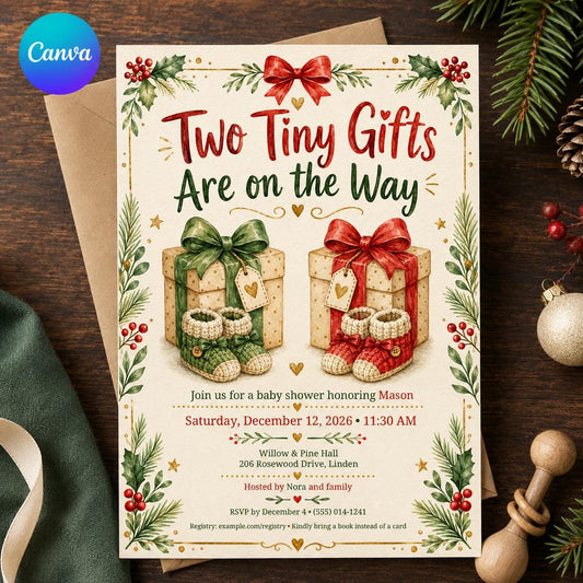 Christmas Twin Baby Shower Invitation, Two Tiny Gifts Holiday Invite, Winter Twins Shower Printable Canva Template