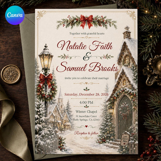Christmas Wedding Invitation, Snowy Chapel Winter Wedding Invite, Romantic Church Printable Editable Canva Template