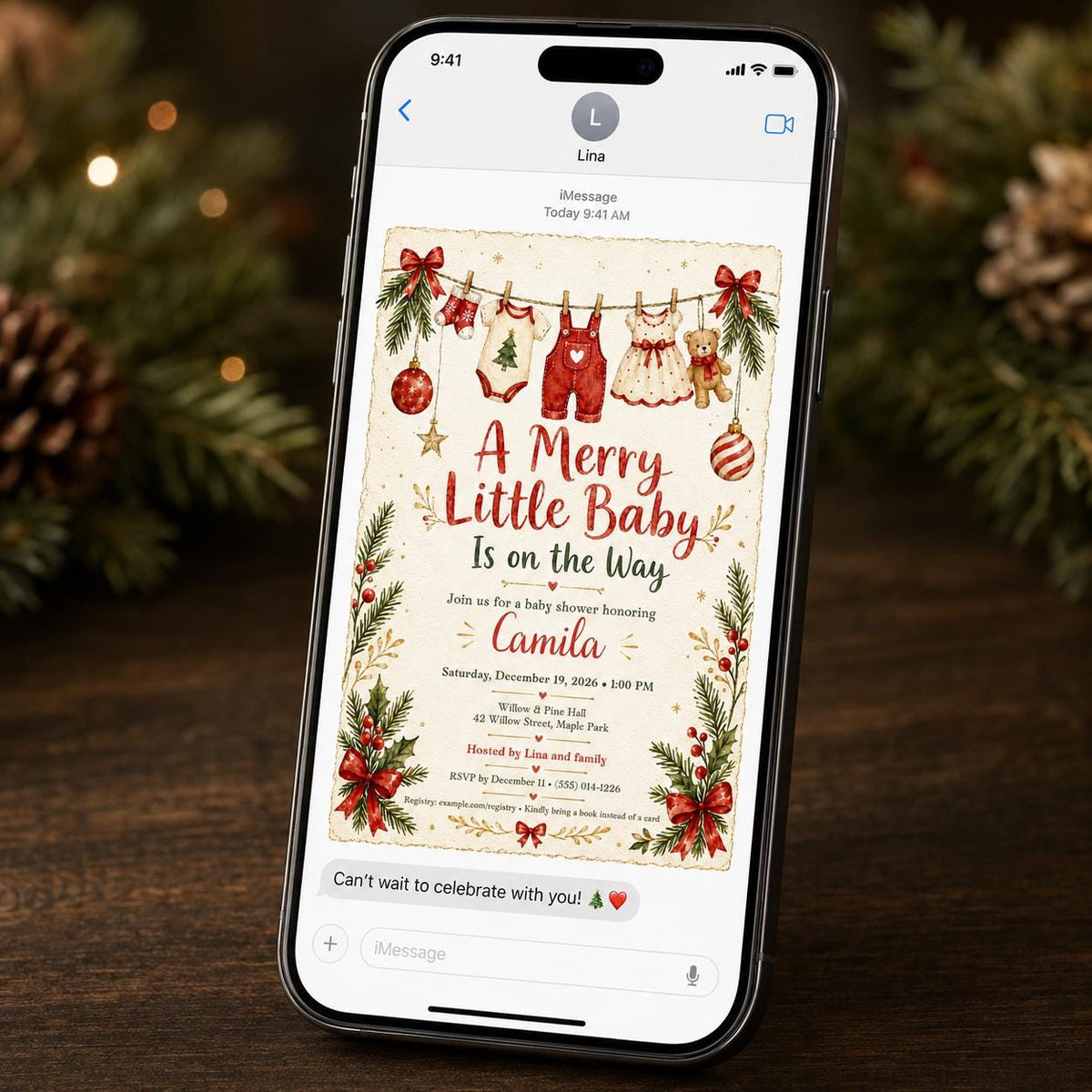 Christmas Baby Shower Invitation, Merry Little Baby Holiday Invite, Red Green Winter Printable Editable Canva Template