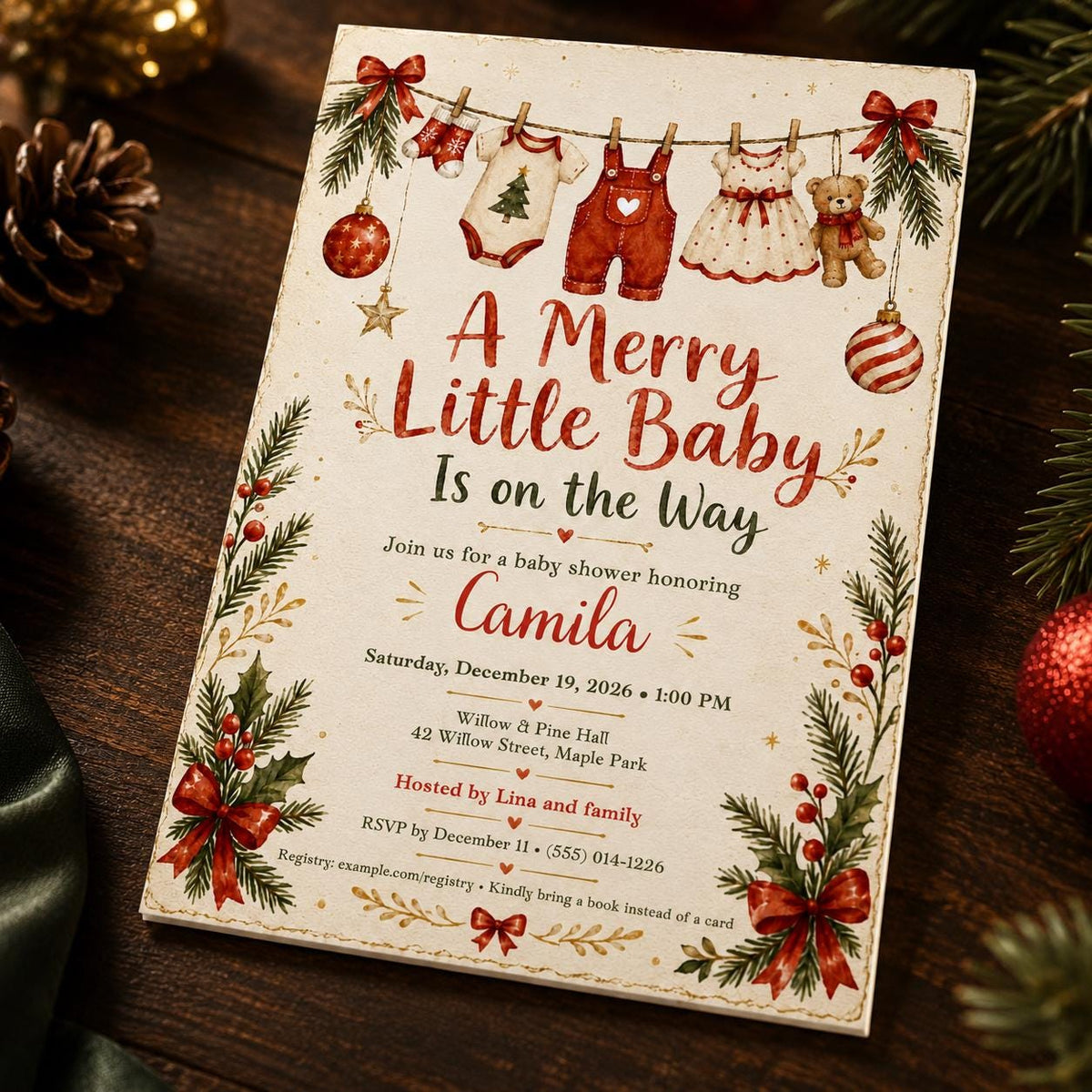 Christmas Baby Shower Invitation, Merry Little Baby Holiday Invite, Red Green Winter Printable Editable Canva Template