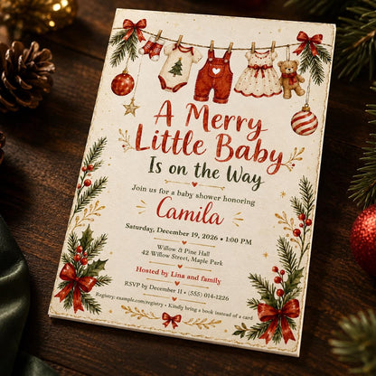 Christmas Baby Shower Invitation, Merry Little Baby Holiday Invite, Red Green Winter Printable Editable Canva Template