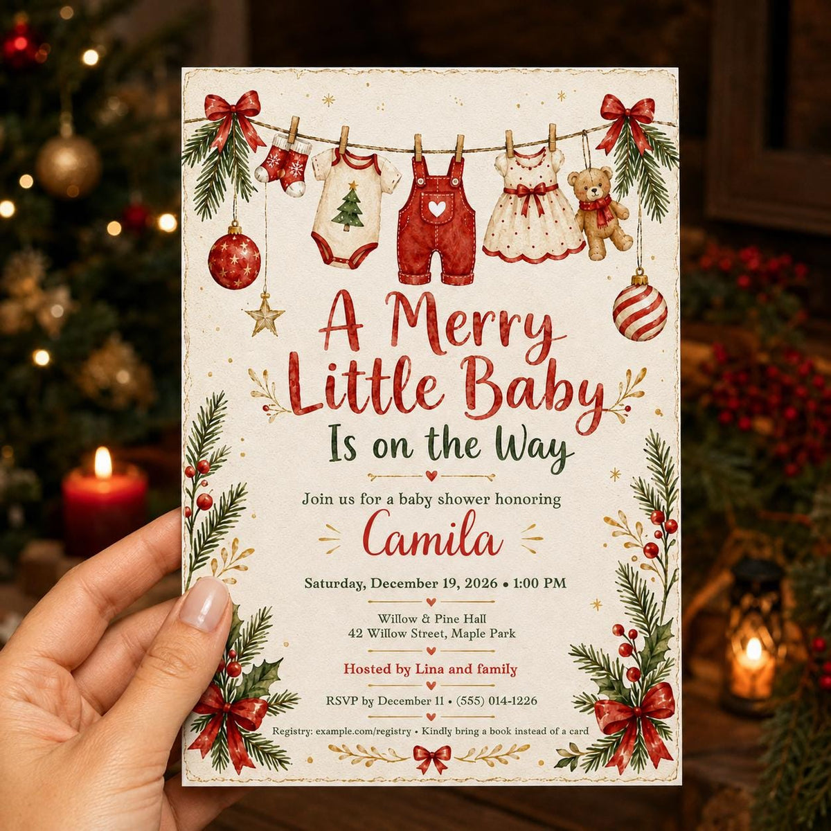 Christmas Baby Shower Invitation, Merry Little Baby Holiday Invite, Red Green Winter Printable Editable Canva Template