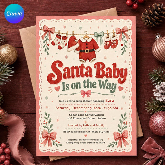 Santa Baby Shower Invitation, Christmas Baby Shower, Red Pink Holiday Baby Sprinkle, Editable Printable Canva Template