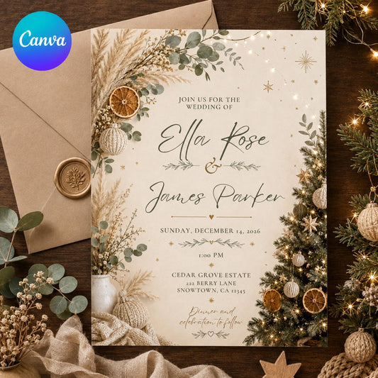 Boho Christmas Wedding Invitation, Neutral Eucalyptus Winter Wedding, Elegant Holiday Editable Canva Template