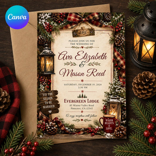 Rustic Christmas Wedding Invitation, Evergreen Plaid Winter Wedding, Cozy Lodge Holiday Editable Canva Template