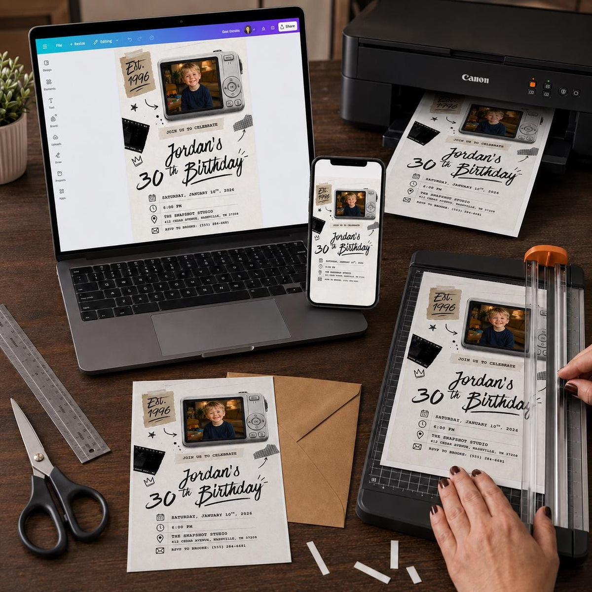 Vintage 30th Birthday Photo Invitation: Vintage 1996 Retro Camera — invitation you personalize in Canva