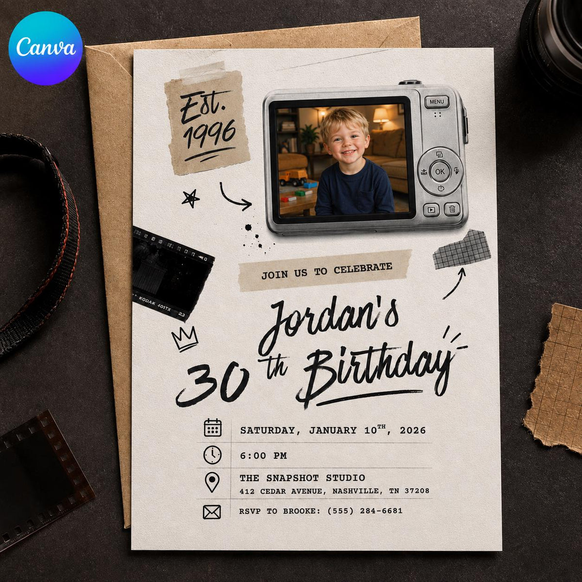 Vintage 30th Birthday Photo Invitation: Vintage 1996 Retro Camera — editable Canva template