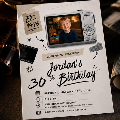 Vintage 30th Birthday Photo Invitation: Vintage 1996 Retro Camera — print-ready 30th birthday party design from VoltBy