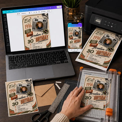 Vintage 30th Birthday Photo Invitation: Vintage 1996 Retro Camera Party for Him — invitation you personalize in Canva