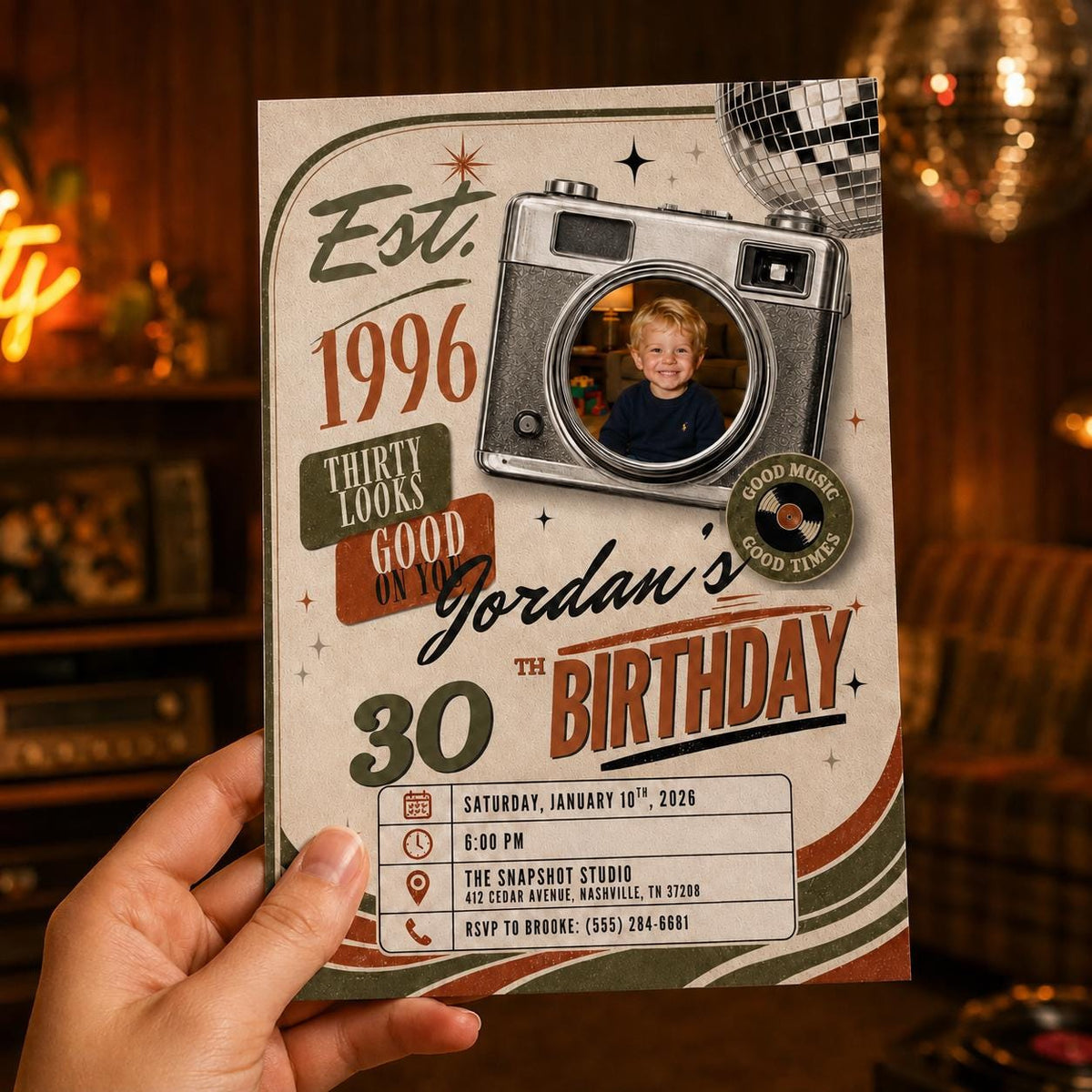 Vintage 30th Birthday Photo Invitation: Vintage 1996 Retro Camera Party for Him — digital invitation, instant download
