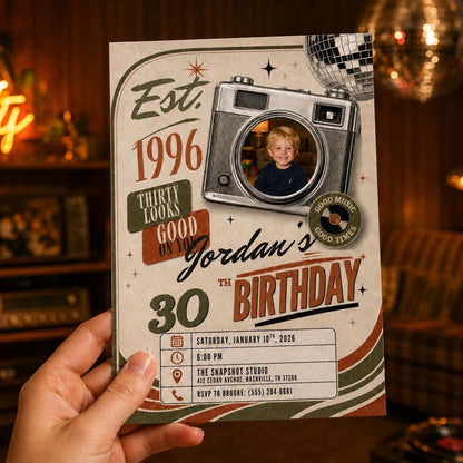 Vintage 30th Birthday Photo Invitation: Vintage 1996 Retro Camera Party for Him — digital invitation, instant download