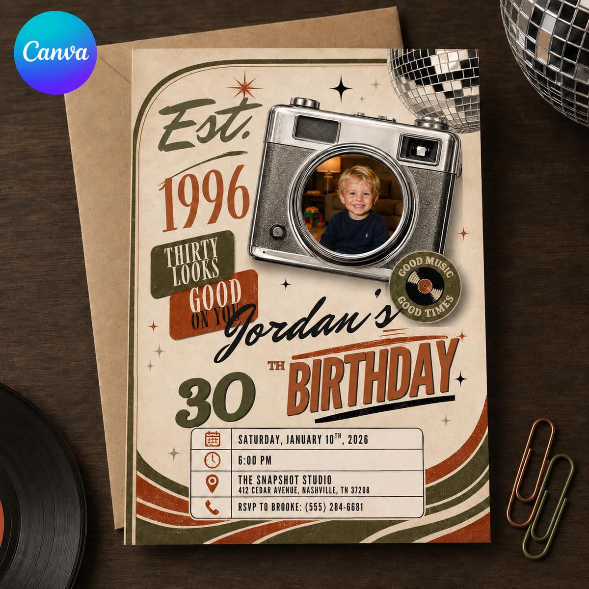 Vintage 30th Birthday Photo Invitation: Vintage 1996 Retro Camera Party for Him — editable Canva template