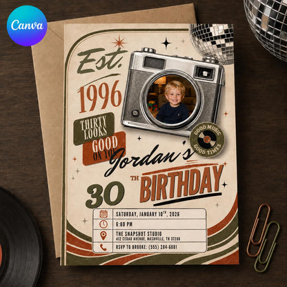 Vintage 30th Birthday Photo Invitation: Vintage 1996 Retro Camera Party for Him — editable Canva template